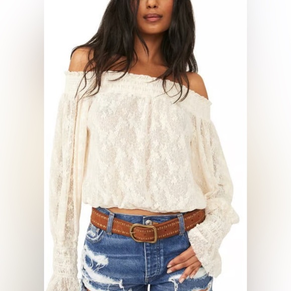 Free People White Smocked Floral Emily Lace Off the Shoulder Top Size: Medium - Picture 2 of 6